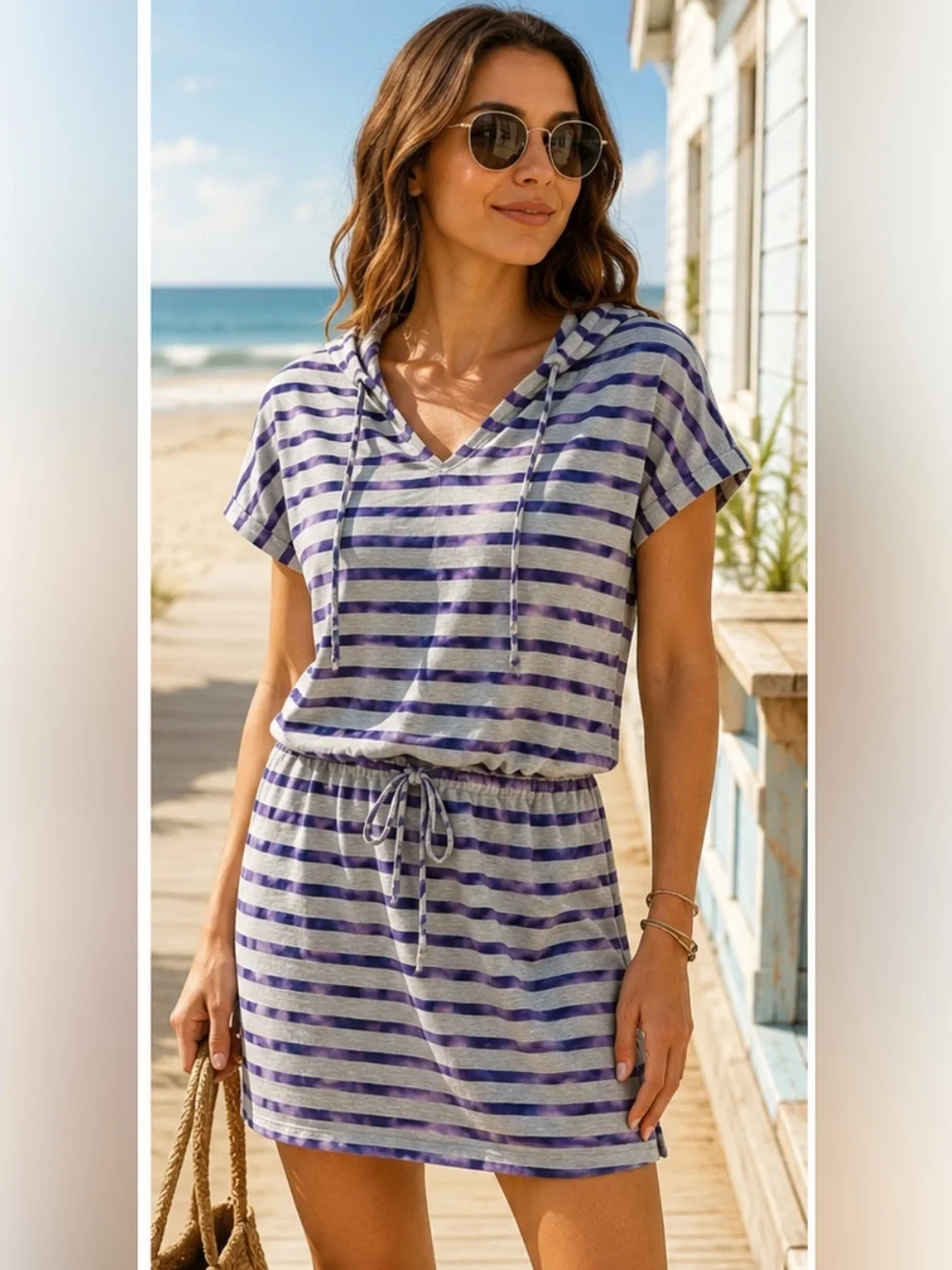 Speedo Striped Hooded Beach Dress Cover-Up Purple Gray Size L NWOT